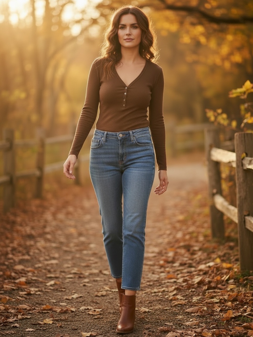 Brown Ribbed Knit Henley Long Sleeve Tee XL Petite